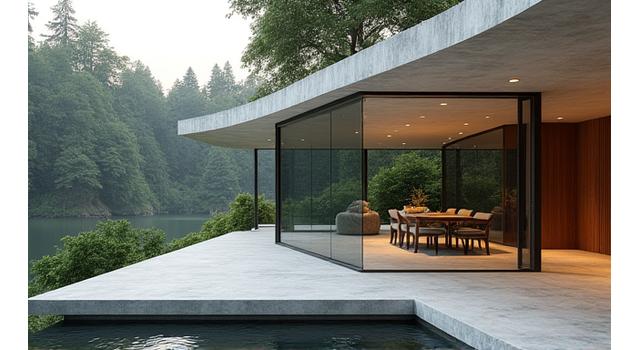 Architectural modern villa with vast glass walls overlooking a tranquil lake, embodying minimalist luxury.