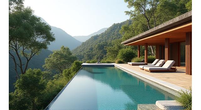 Serene wellness retreat estate with integrated spa, yoga pavilion, and lush gardens, promoting holistic living.