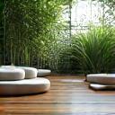 Tranquil indoor meditation garden with flowing water and natural light